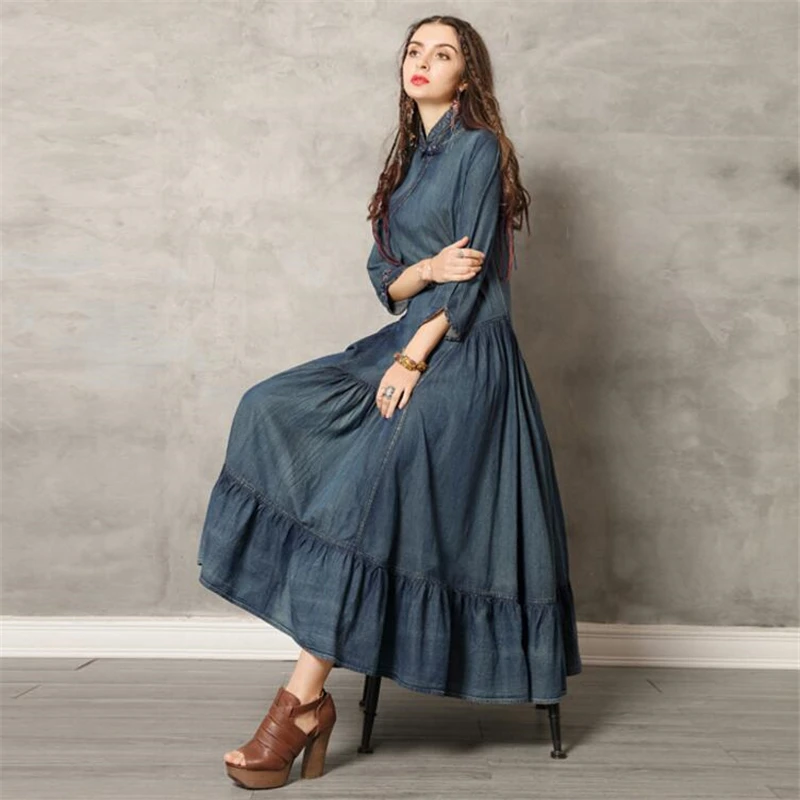 Женское джинсовое платье с оборками длинное винтажное Ципао пуговицами весна