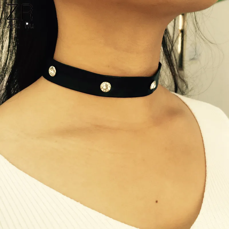 Готический Кожа Choker necklace With Круг Ведомого Жгут Воротник Ожерелье Rhinestone J B0723|necklace