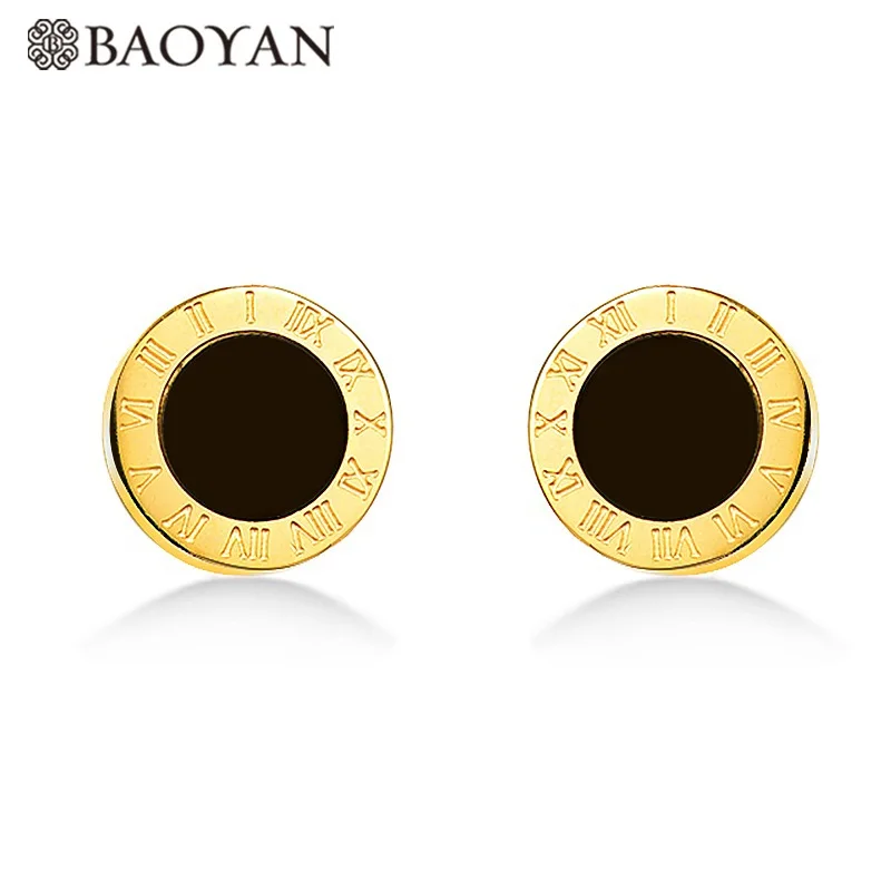 BAOYAN Модные 6 мм римские цифры серьги-гвоздики для женщин золото серебро розовое золото цвет 316L нержавеющая сталь Двухсторонние серьги