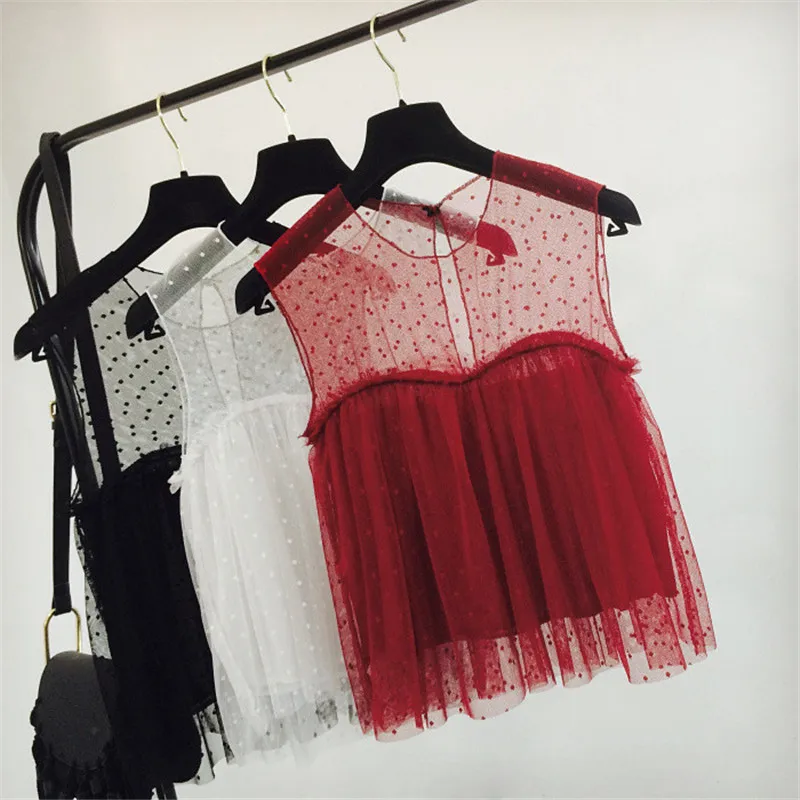 Летние милые Кружево без рукавов Для женщин футболка корейский сексуальный