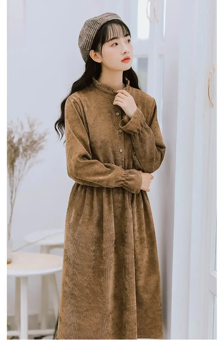 Japan Style Mori Girl Dress 2018 New Autumn Winter Women Ruffled Collar Long Sleeve Corduroy Dresses Khaki Pink Vintage Vestidos | Женская