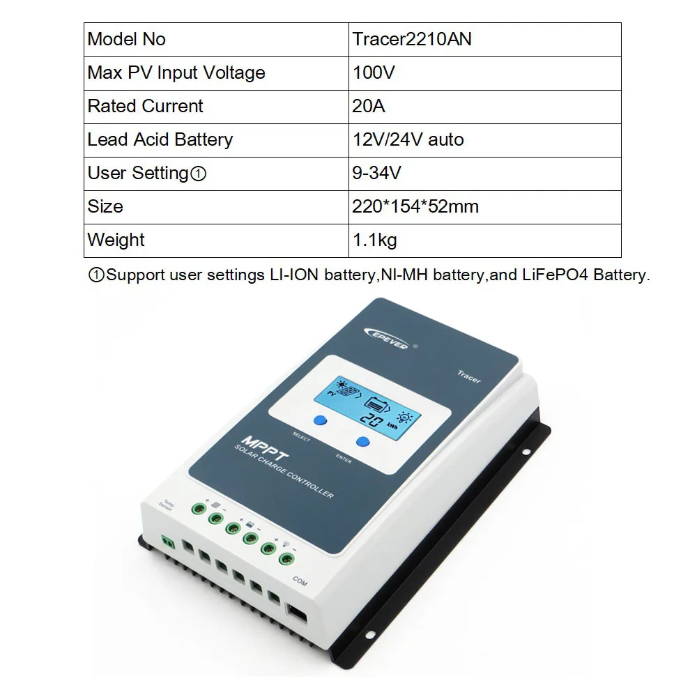 Tracer2210AN EPEVER MPPT Контроллер заряда для фотоэлектрических систем Tracer 100A 80A 60A 50A 40A 30A 20A 10A Батарея Зарядное устройство регулятор панель солнечных батарей - Цвет: Tracer2210AN