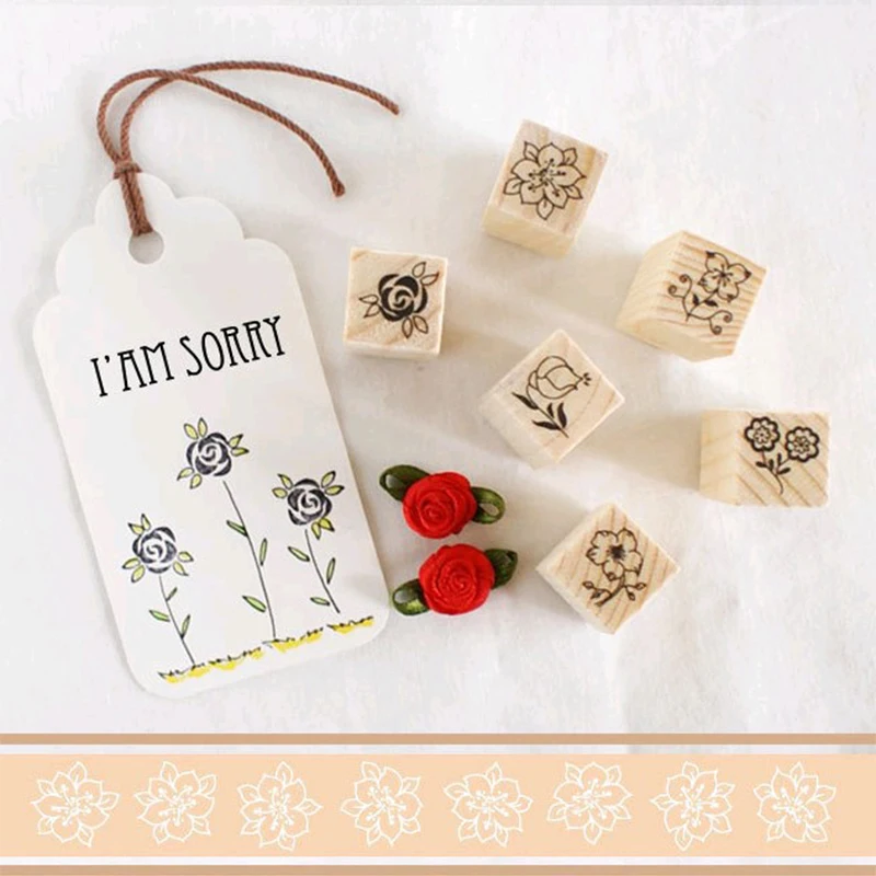 ZQSPFAFA Hand-painted Pattern Stamp Cute Flower DIY Scrapbook Decoration 2017 Fashion Brand Geometric Square Wooden Set | Канцтовары для