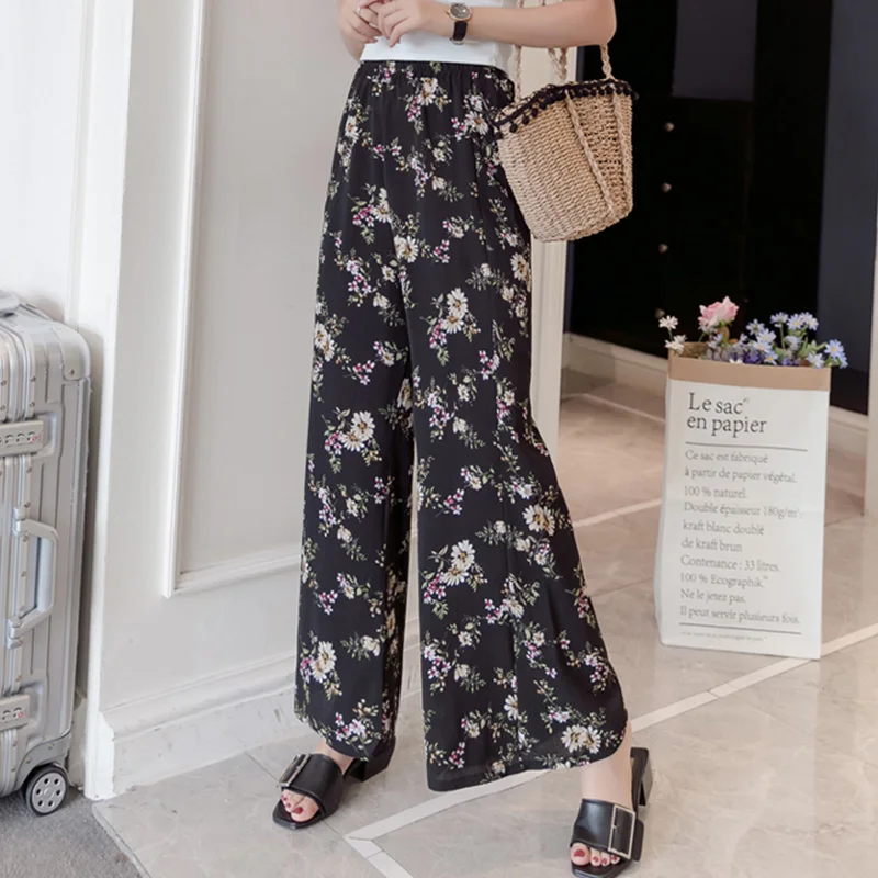 2019 Spring Summer Fashion Female Casual Black Dot Chiffon Wide Leg Pants Women Loose Trousers Elastic High Waist Bohemian | Женская