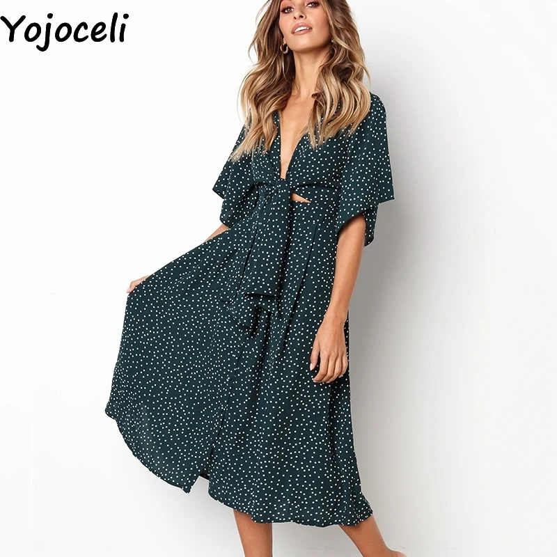 Женское пляжное платье Yojoceli Элегантное Длинное Повседневное в горошек с бантом