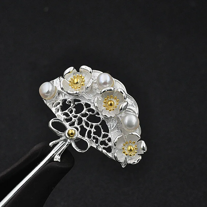 

Bastiee S925 Sterling Silver HairPins Pearl Beads Hairpin Japanese Chinese Fan Handmade Ethnic Vintage Hair Stick