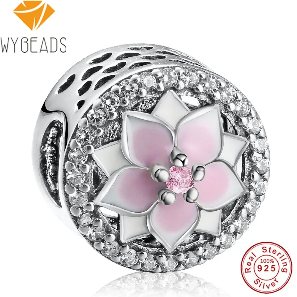 WYBEADS Изысканные стерлингового серебра 925 розовая Магнолия Подвески Смешанная