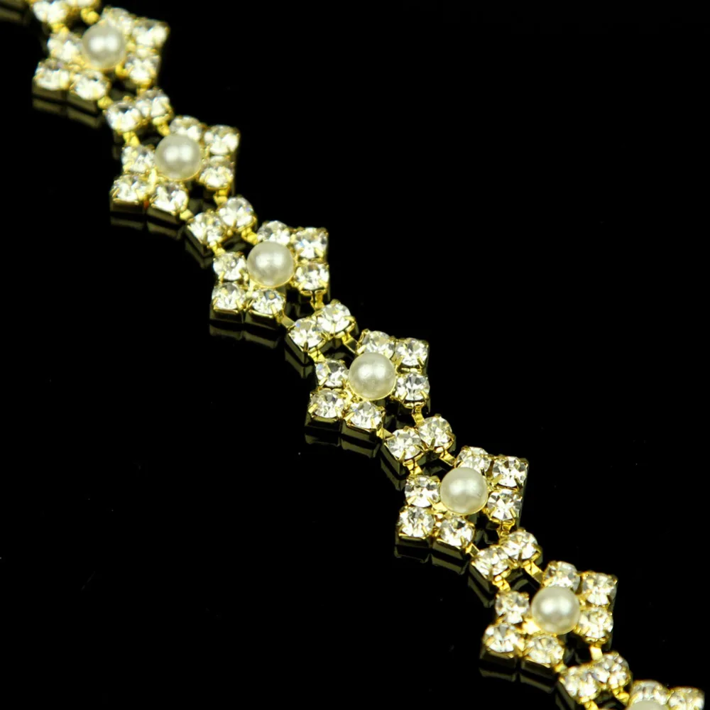 1 ярд блестящее прозрачное модное Золотое свадебное платье с жемчугом и стразами