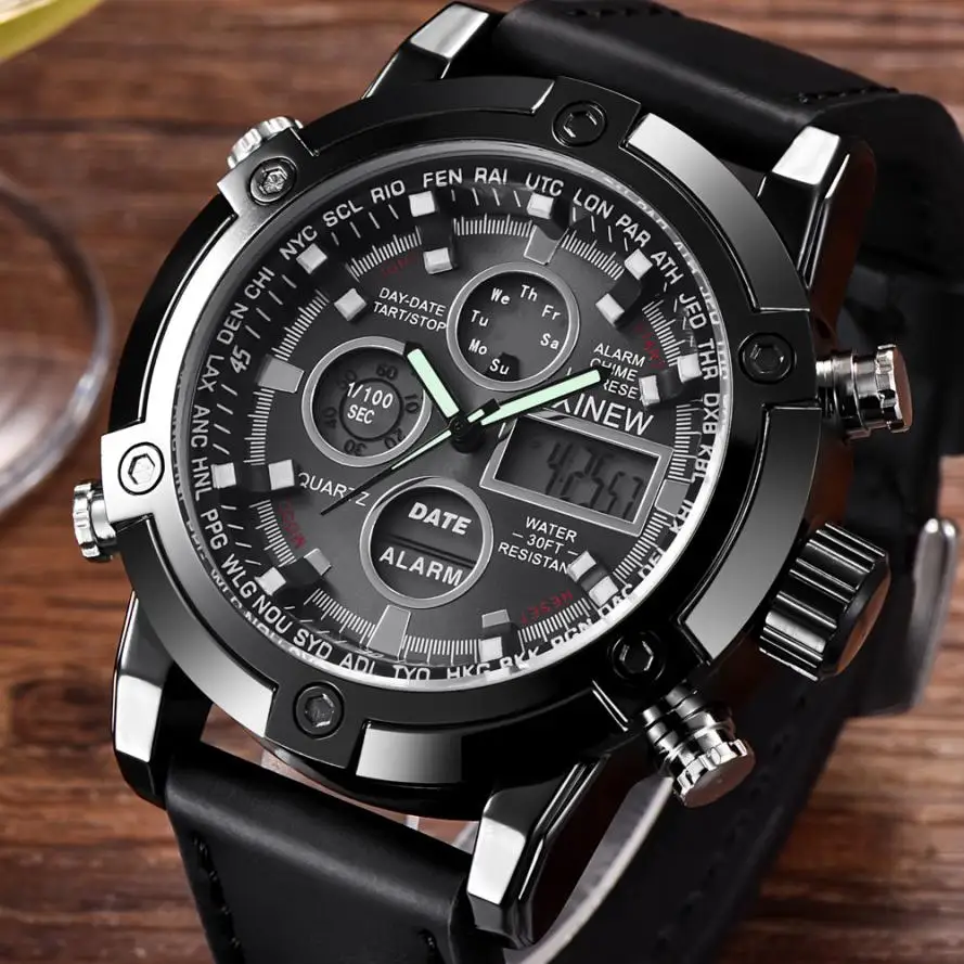 

Luxury Dual Movt Men's Leather Quarz Analog Digital LED Sport Wrist Watch 0628