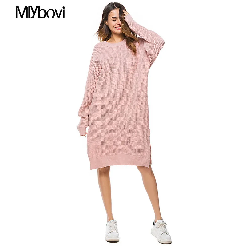 Women Sweater Dress Female Autumn Winter Yellow Long Sleeve Loose knitted Sweaters Dresses Solid Vestido largo Invierno mujer | Женская