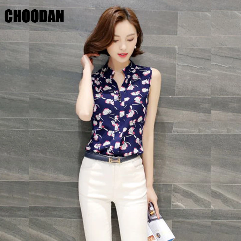 Summer Tops For Women 2018 Sleeveless Blouse Shirt Ladies Chiffon Blouses Female New Stand Collar Print Korean Fashion Clothing |
