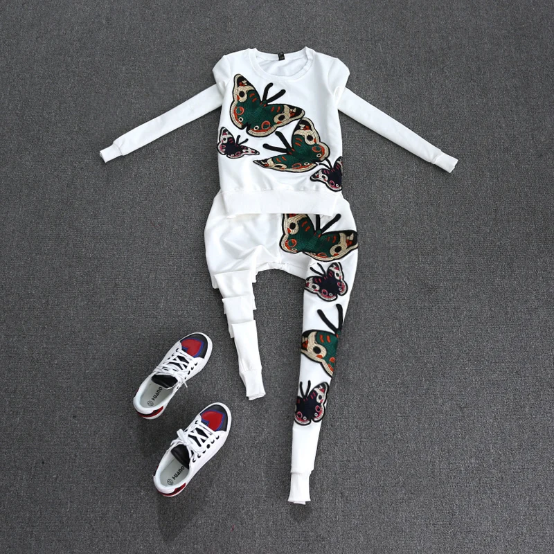 lady butterfly pant suit spring casual 2 piece set women's embroidery shirt top+pants | Женская одежда