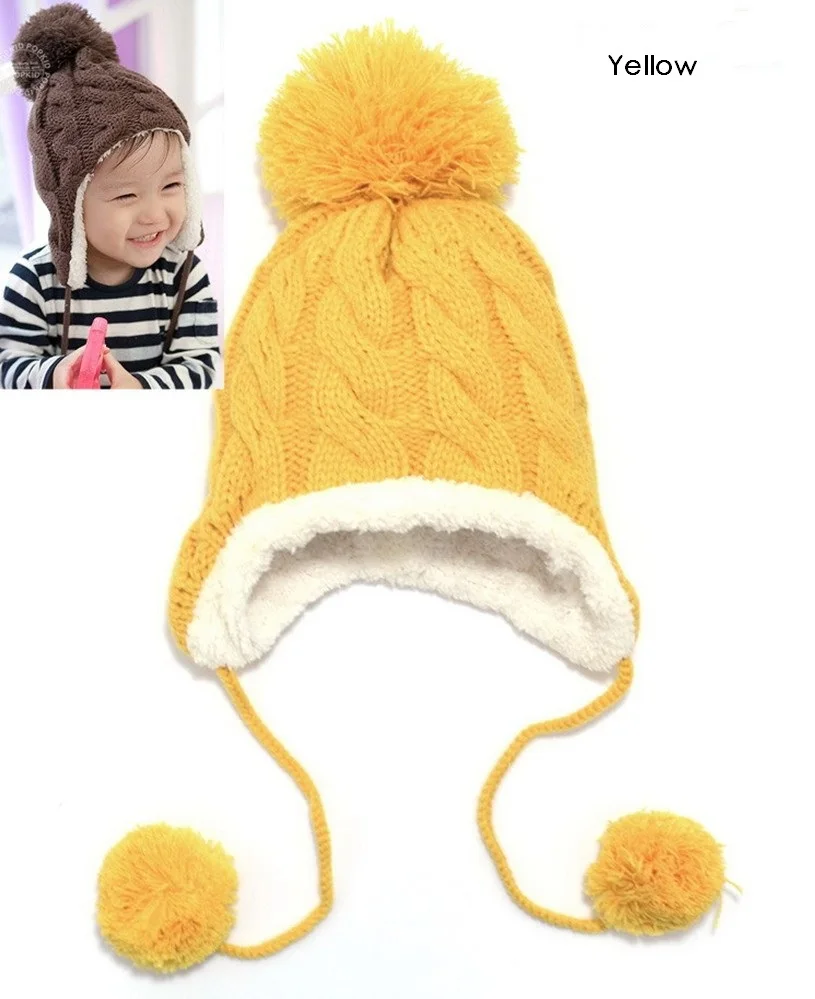 Baby Hat Children Knitted Hats Kids Winter Warm Crochet Cap Girls Boys Beanie Bomber Ear Girl Boy Ball Caps | Детская одежда и
