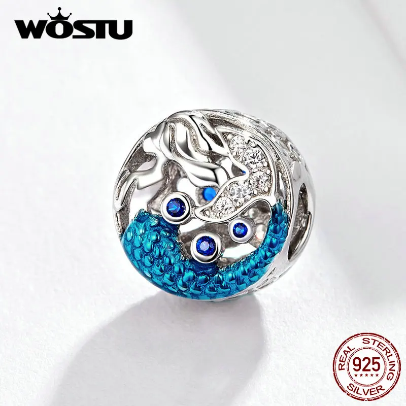 WOSTU синий Русалка бусины 925 пробы серебро CZ Эмаль Камень Шарм Подходит