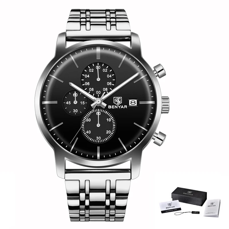 Steel Silver Black BENYAR мужские часы повседневные модные водонепроницаемые часы мужские лучшие брендовые Новые Роскошные Кварцевые наручные часы с хронографом zegarek meski - Цвет: Steel Silver Black