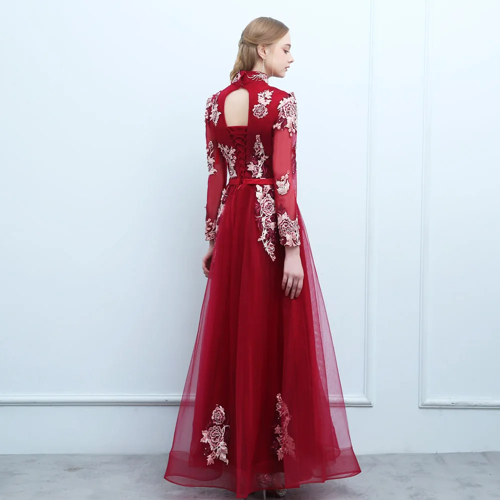 Женское вечернее платье из тюля цвета красного вина длиной до щиколотки 2018