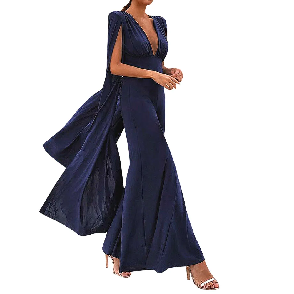 Womail Women Eleglant Jumpsuit Party Night Sexy Fashion Deep V-Neck Long Sleeve Ladies Solid Wide Leg Long Summer Jumpsuit Jun21