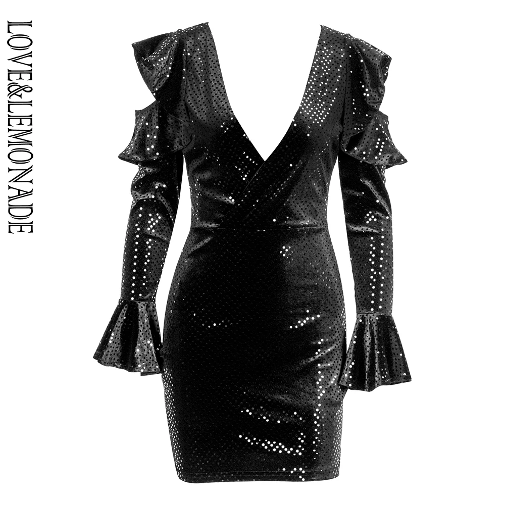 LOVE &amp LEMONADE сексуальное черное платье с вырезами и оборкой облегающее бархатное