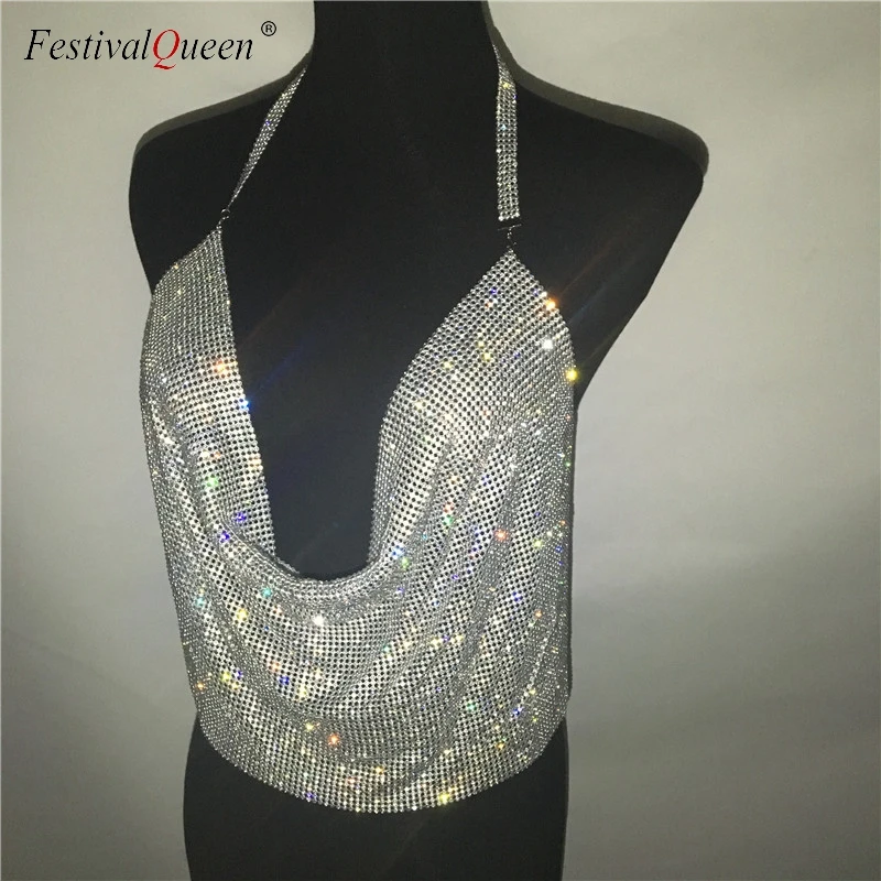 FestivalQueen женский сексуальный топ, стразы, глубокий v-образный вырез, блестящий, бриллиантовый, с блестками, на бретелях, открытая спина, Модный женский топ