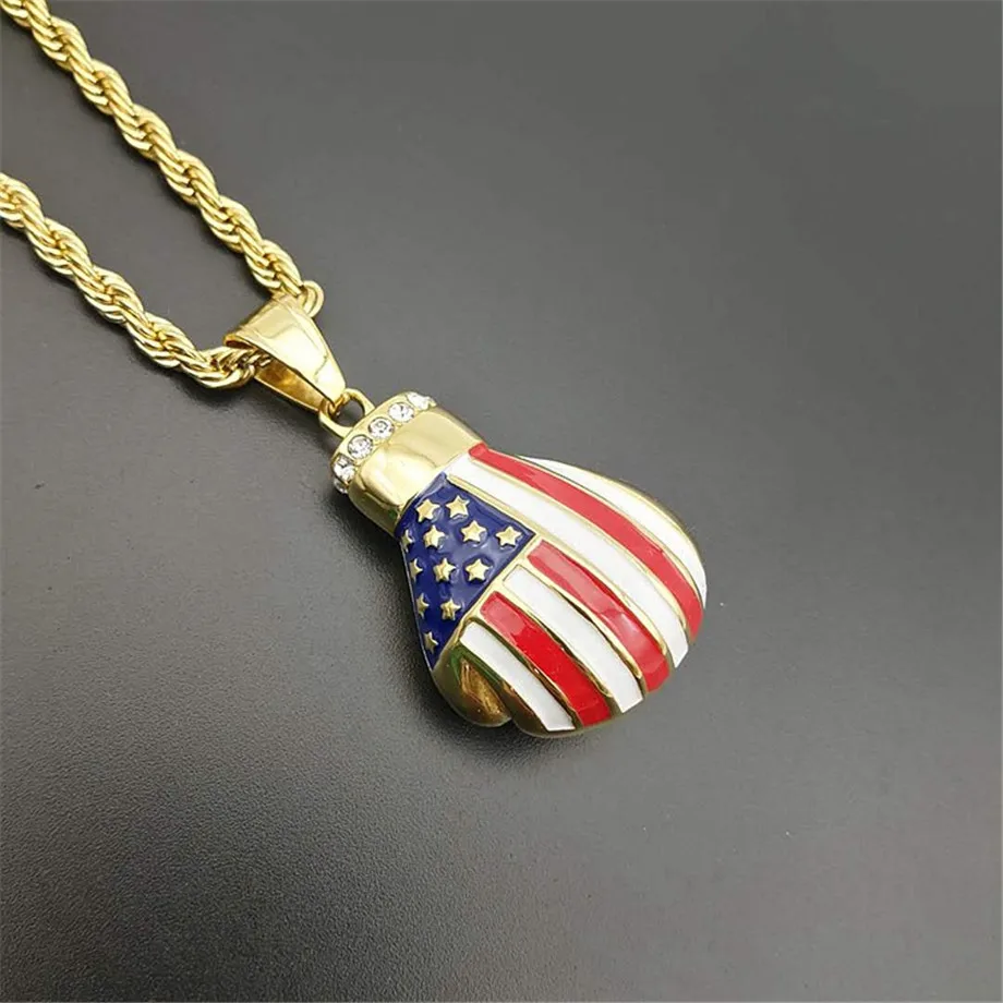Hip Hop Iced Out Bling Boxing Gloves Pendant Necklace For Men Gold Color Chinese/American Flag Necklaces Male Jewelry | Украшения и