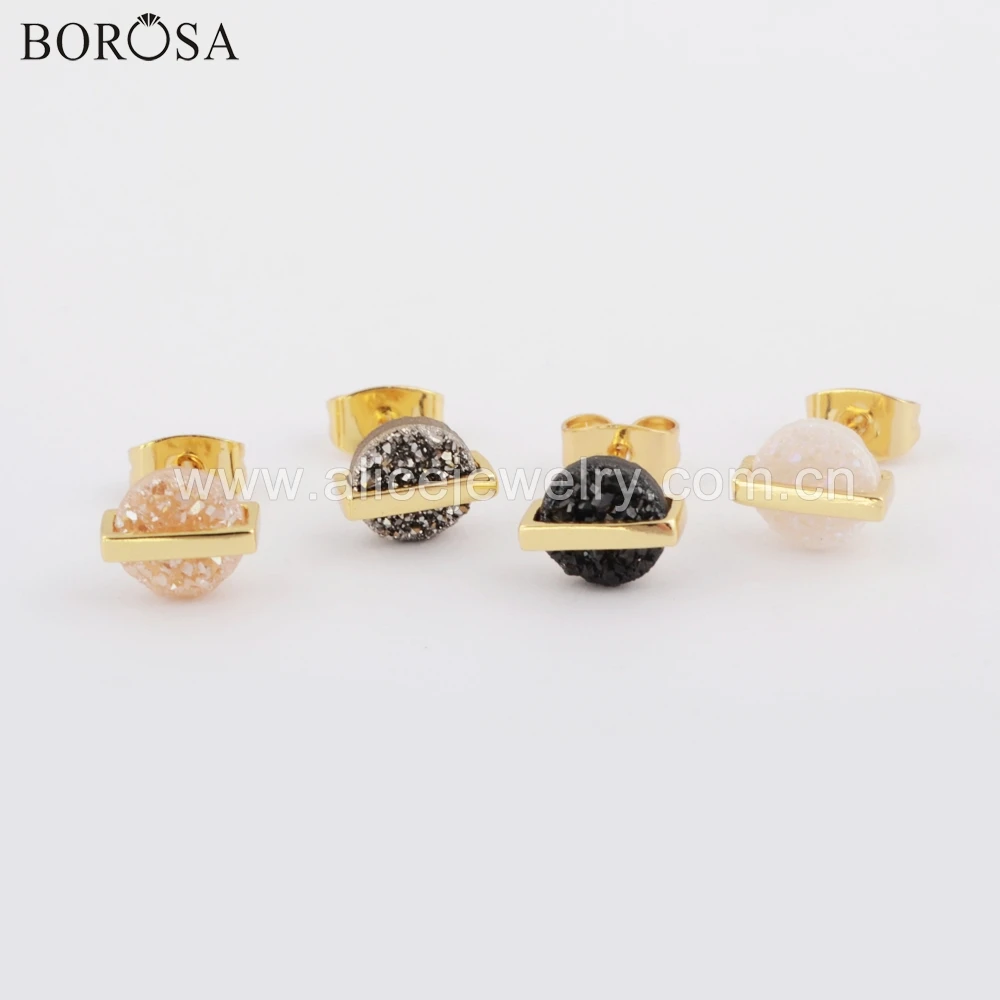 BOROSA 5 пар модные круглые серьги-гвоздики 7 мм с золотым ободком из натурального