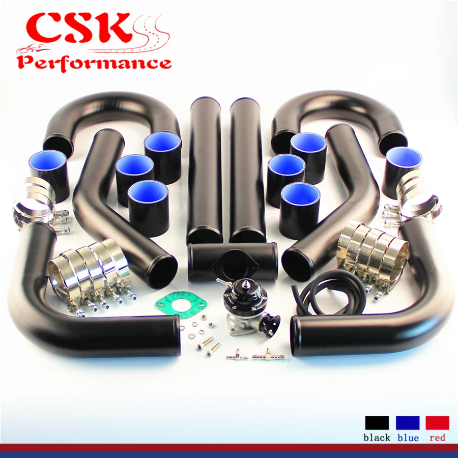 Universal DIY 2.5&quot / 2.75&quot Aluminum Intercooler Piping Pipe Silicone hose T-clamps + Turbo Flange BOV Kit Black |