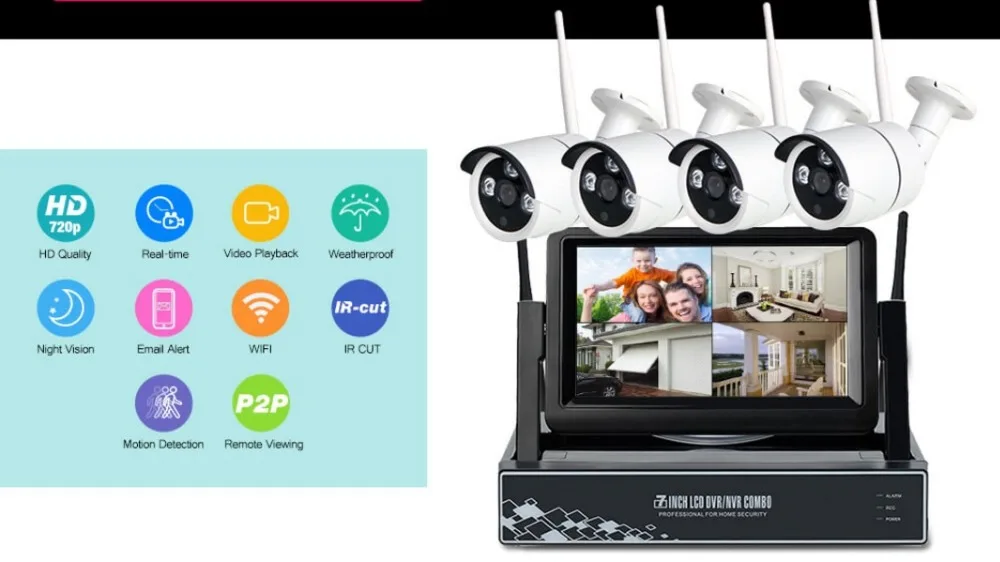 Беспроводная система видеонаблюдения 720P 7 дюймовый монитор 4 канальная IP камера