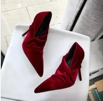 wine red velvet Подиумные стильные шелковые туфли на тонком высоком каблуке разноцветные свадебные туфли с острым носком без шнуровки женские туфли на шпильках, весна - Цвет: wine red velvet