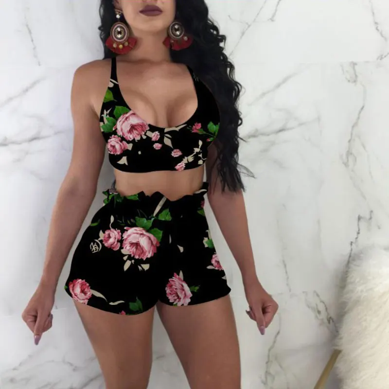 2018 Floral Printed Crop Top Set Suit Women Two Piece Summer 2 Sexy Outfit And Shorts Tracksuit | Женская одежда