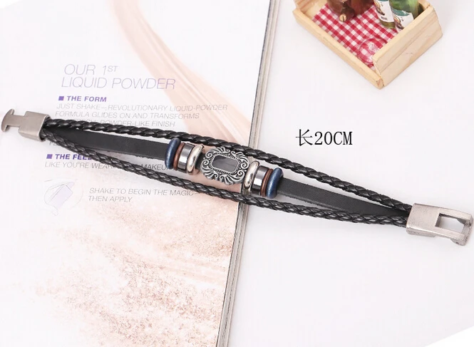 Punk Black Leather Charm Bracelets Vintage Anime Weave Beads Men's Iron Buckle Fashion Jewelry Bangles E18 |