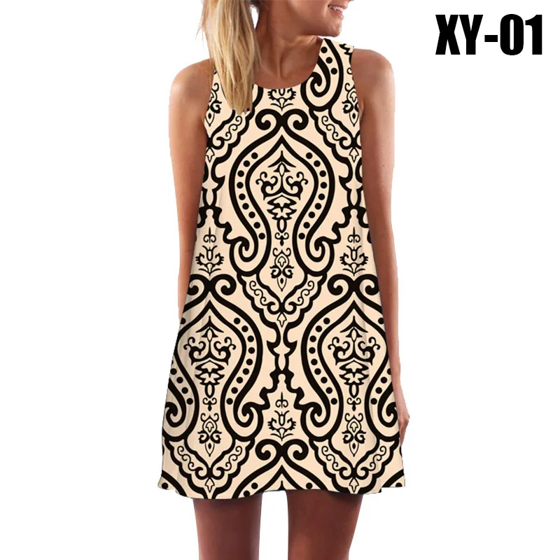 Женское платье с принтом повседневное пляжное без рукавов круглым вырезом и