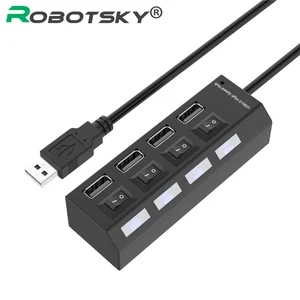 Концентратор USB 2,0 Robotsky, 4 порта, высокоскоростной USB-Сплиттер светодиодный ным индикатором, переключатель вклвыкл, для настольного компьютера, ноутбука