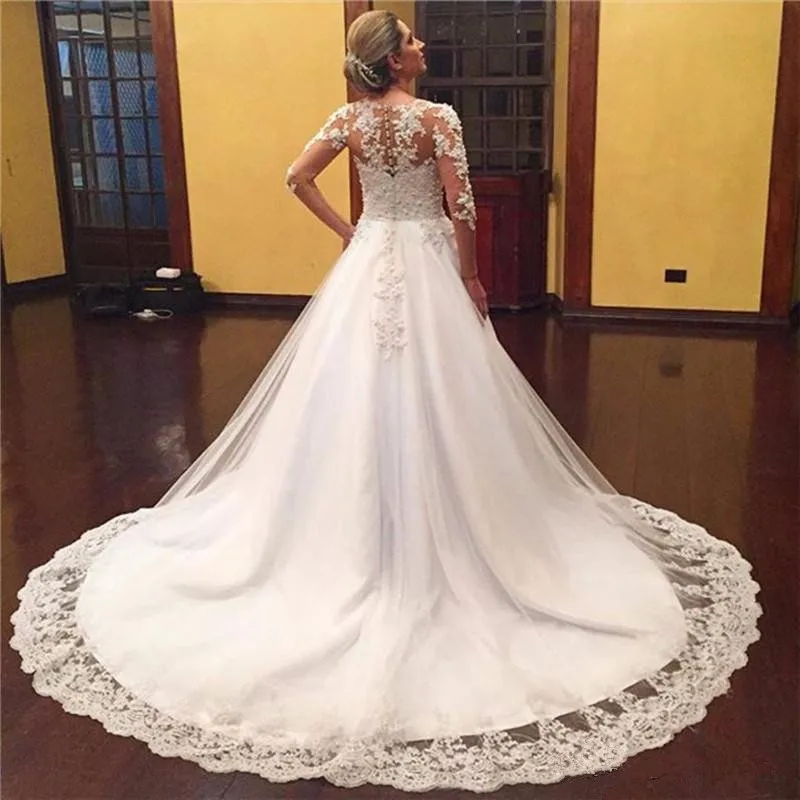 

Elegant A Line Muslim Wedding Dress 2022 Tulle Appliques Beaded Princess Lace Vestidos De Noiva Wedding Gowns