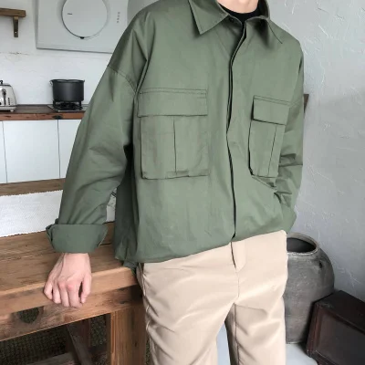 army green Новая уличная Мужская рубашка, корейская модная повседневная однотонная мужская рубашка с длинными рукавами, дизайнерская мужская рубашка с отложным воротником - Цвет: army green
