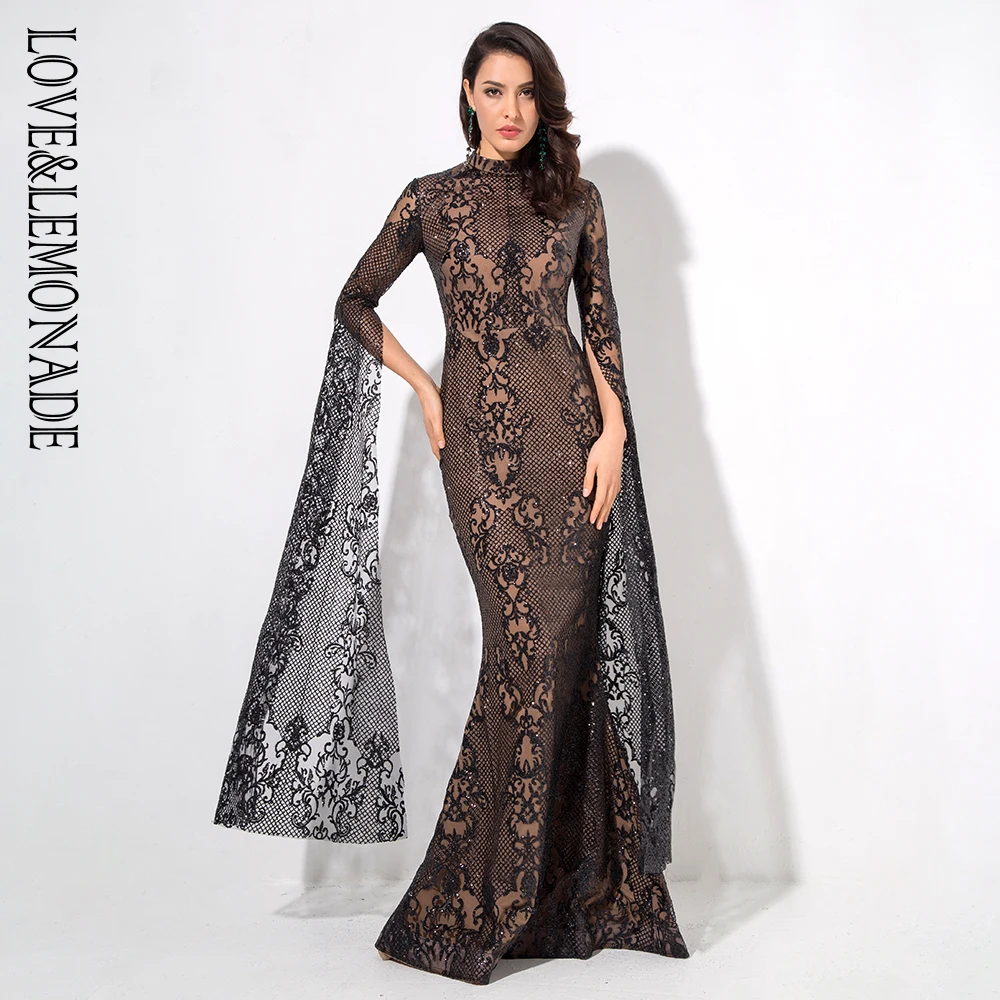 LOVE & LEMONADE черное облегающее длинное платье с геометрическим воротником и