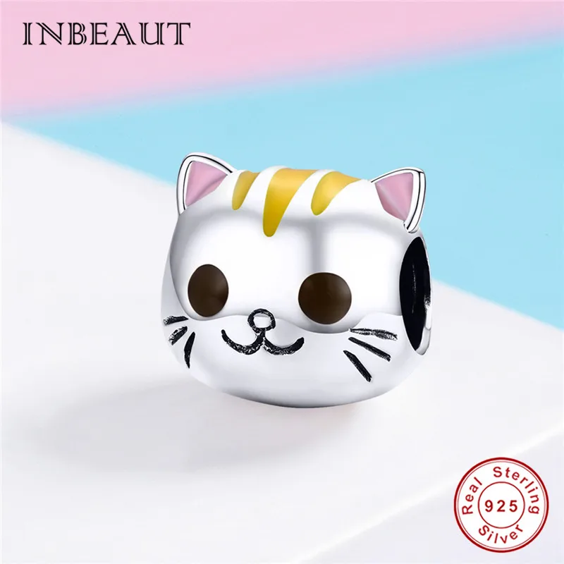 INBEAUT 100% 925 пробы Серебристые желтые волосы и розовые уши кот девушка бусины