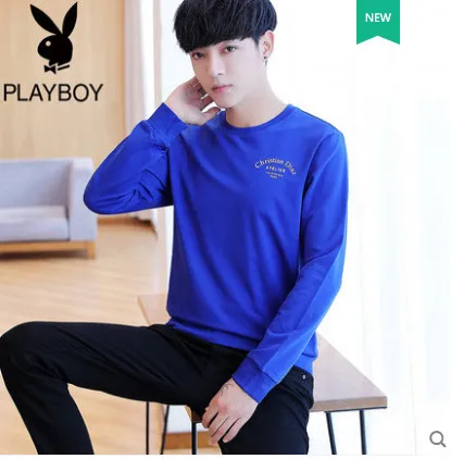 Playboy Осенняя толстовка с длинными рукавами Мужская свободная нижняя рубашка тренд Студенческая красивая рубашка толстовка - Цвет: Синий