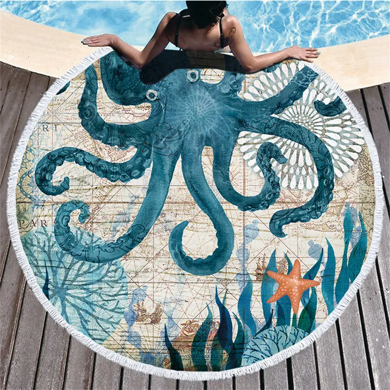 Ocean Turtle Tassel Round Bath Towel Beach Towel Microfibre Travel Compressed Shower Bathroom Towels Bath Towels for Adults