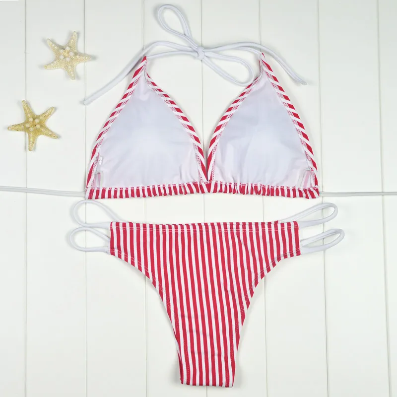 Padded Cut Out Swimsuit Brazilian Summer Beach Suit 2017 Women Bandeau Bikini Print Striped Swimwear Biquini |