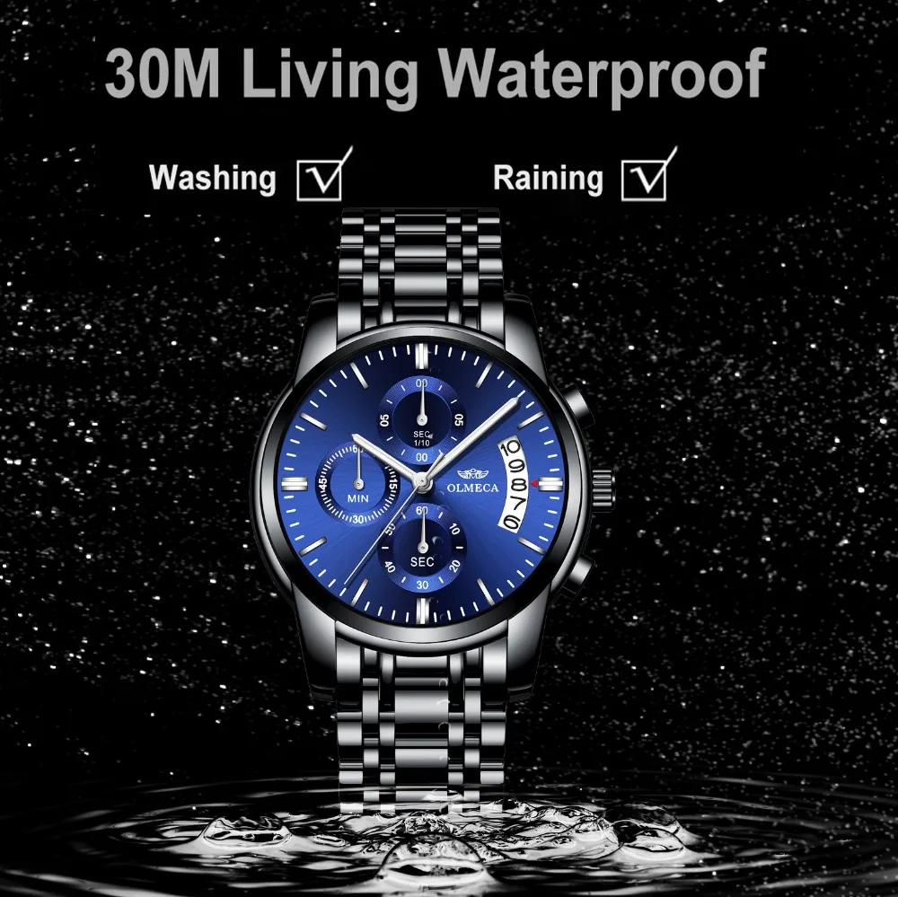 Men Watches OLMECA Brand Watch Military Relogio Masculino Chronograph Wrist Female Clock Black Stainless Steel Blue Dial | Наручные часы