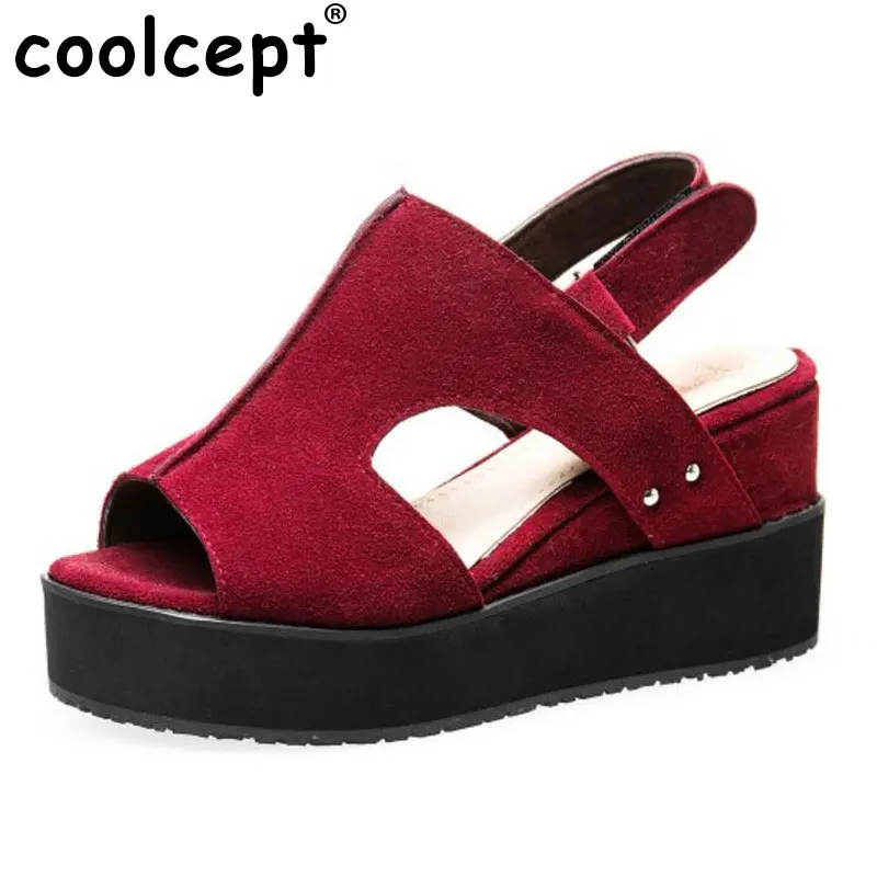 Coolcept Size 33-43 Peep Toe Women Wedges Flock Sandals Back Buckle Platform Summer Cool Shoes Causal Street Work Footwear | Обувь