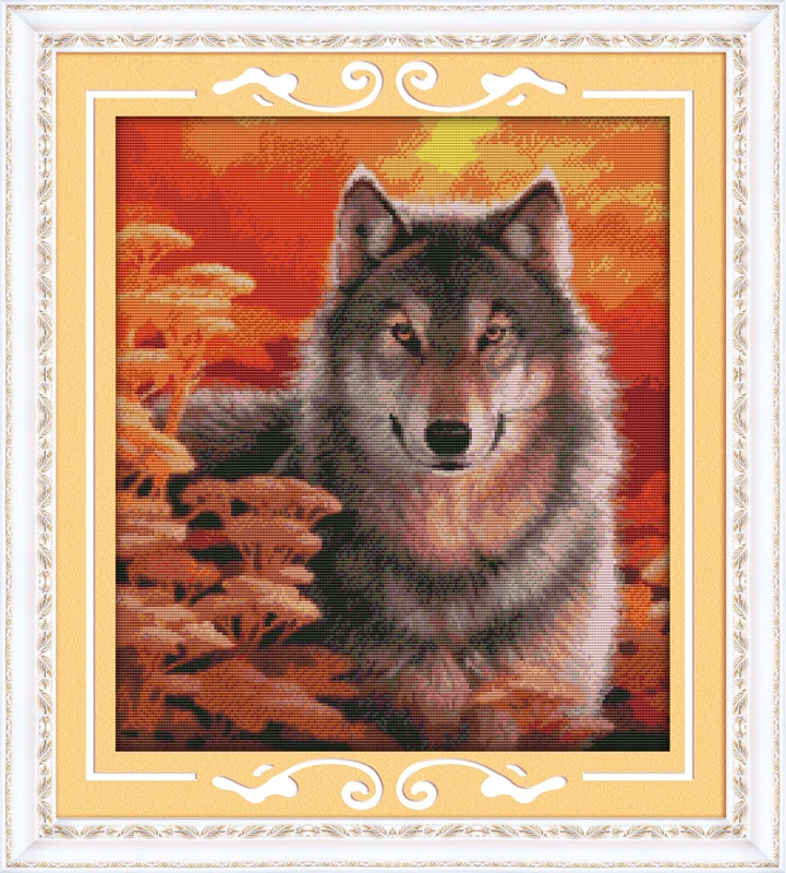 

Autumn wolf cross stitch kit 14ct 11ct pre stamped canvas cross stitching animal lover embroidery DIY handmade needlework