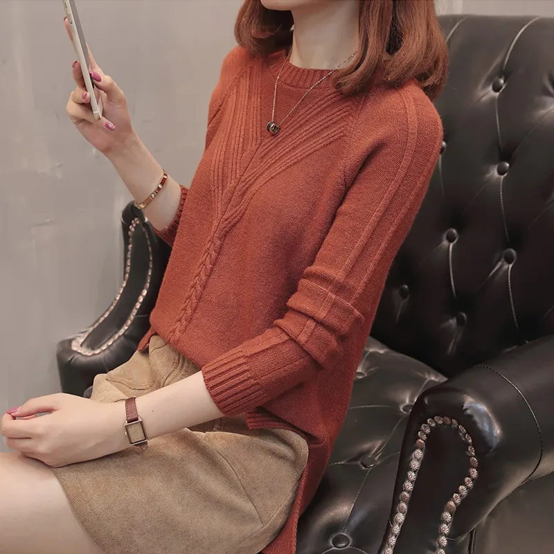 Autumn Winter Womens Sweaters White Loose O Neck Knitting Pullovers For Female Split Korean Style Knitwear Women Tops | Женская одежда