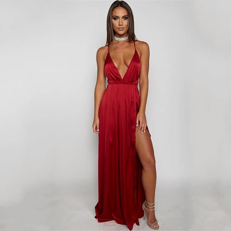 DRESSMECB летнее сексуальное длинное платье без рукавов с v-образным вырезом женское