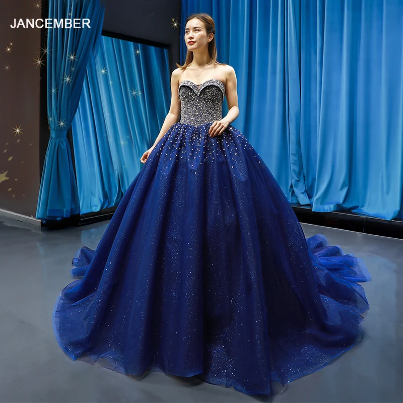 

J66818 jancember strapless formal dress ball gown sweetheart lace up back crystal with blue evening dress فساتين سهرة لون ازرق