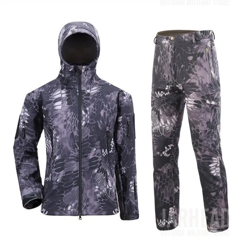 Hot Winter Men Outdoor Camping Hunting Hiking Camouflage Sets Tactical Waterproof Shark Skin Soft Shell Fleece Jacket Pants Suit