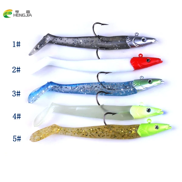 

HENGJIA 5Pcs 11cm 21g Fishing Lures Sinking Pencil Shaped Jig Fish Head Fishing Soft Lure Artificial Bait With Hooks 5 color