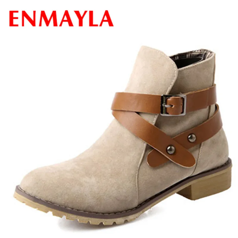 

ENMAYLA Autumn Spring Round Toe Flats Ankle Boots Women Black Yellow Color Suede Boots Shoes Woman Buckle Low Heels Ankle Shoes
