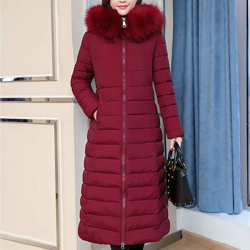 Vangull Winter Women Parkas Fashion Female Long Sleeve Hooded Jackets Autumn Slim Zipper X-Long Thick Coats Suatans Outerwear - Цвет: Jujube Red