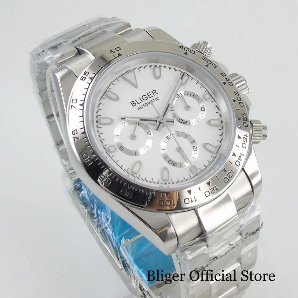 BLIGER Luxury 40mm White Dial Stainless Steel Bracelet Auto Date and Weekday Indicator